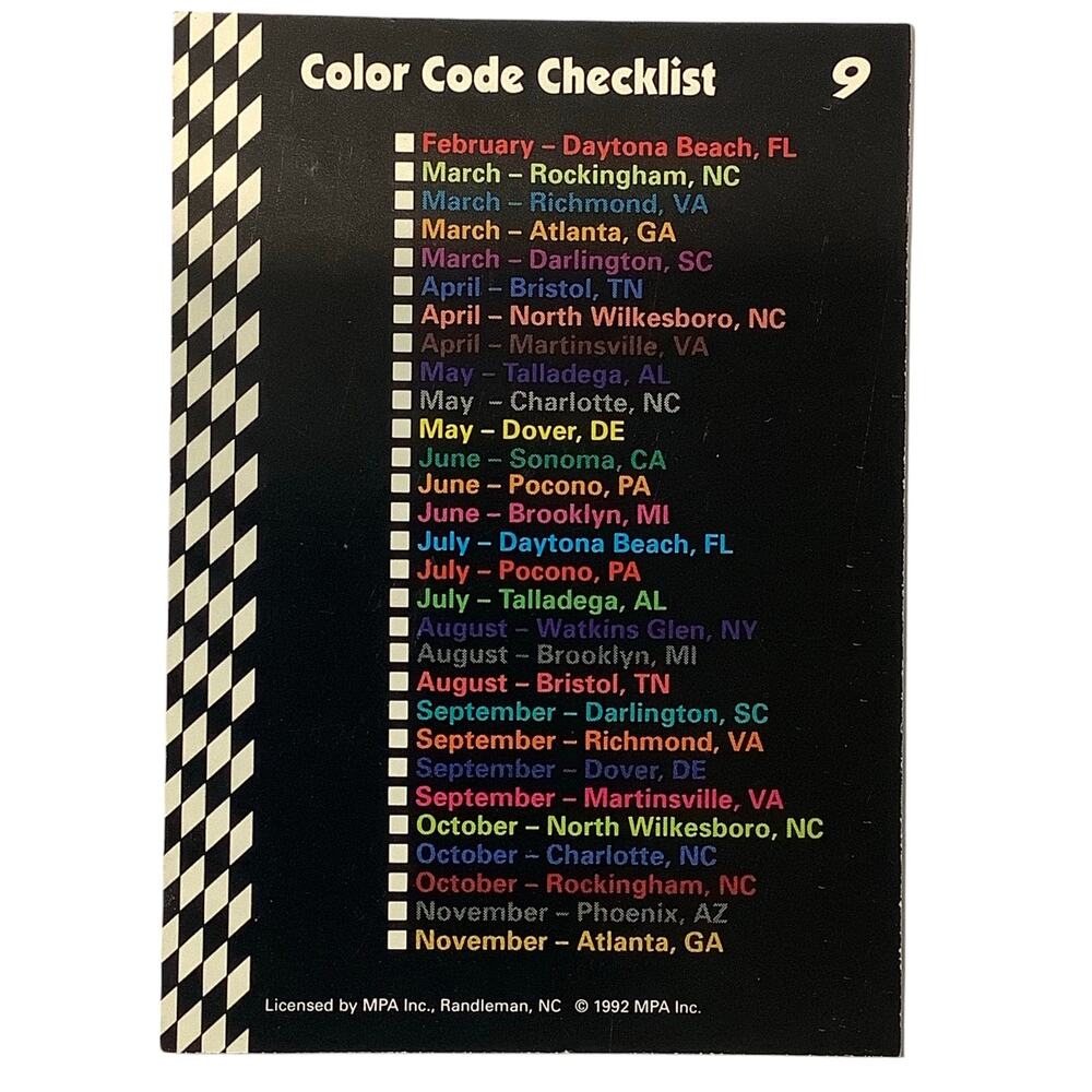 1992 Richard Petty Fan Appreciation, Color Code Checklist, Food Lion MPA Card #9